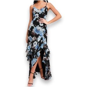 Lulu’s Artwin Black Floral Print Ruffled High-Low Maxi Dress Size Large NWT